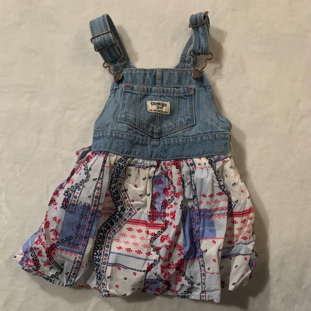 OshKosh B'gosh 18 months Baby Girls Denim Overall Dress Patchwork Blue Red White